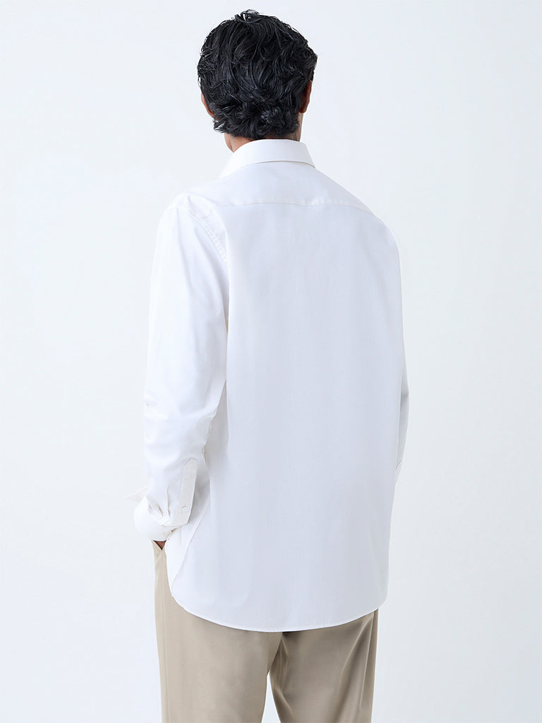 WES Formals Light Yellow Self Striped Relaxed-Fit Cotton Shirt