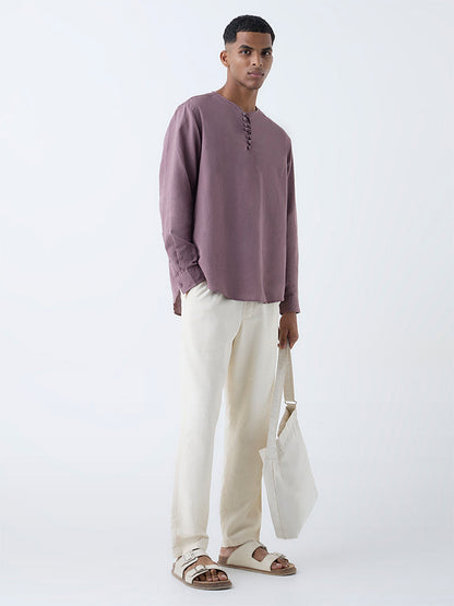 Mens Ethnicwear Lilac Relaxed-Fit Cotton-Blend Short Kurta