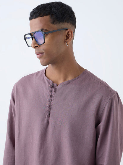 Mens Ethnicwear Lilac Relaxed-Fit Cotton-Blend Short Kurta