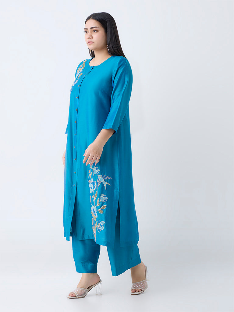 Diza Teal Floral Embroidered A-Line Kurta