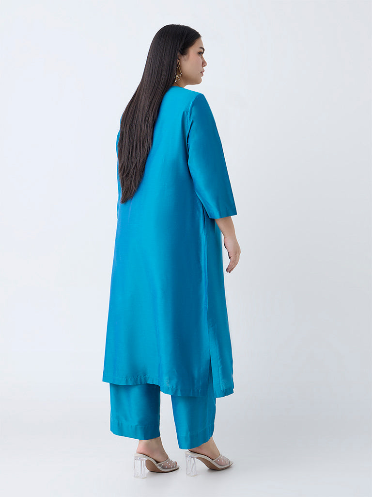 Diza Teal Floral Embroidered A-Line Kurta