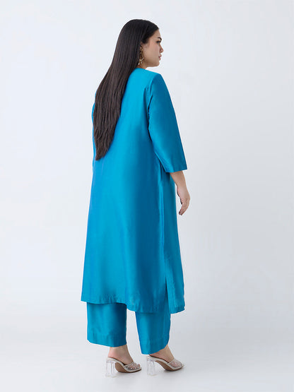 Diza Teal Floral Embroidered A-Line Kurta