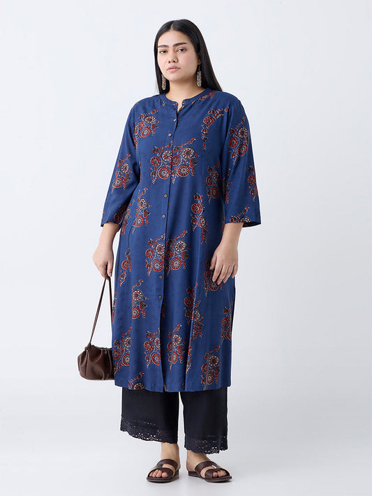 Diza Indigo Printed A-Line Kurta