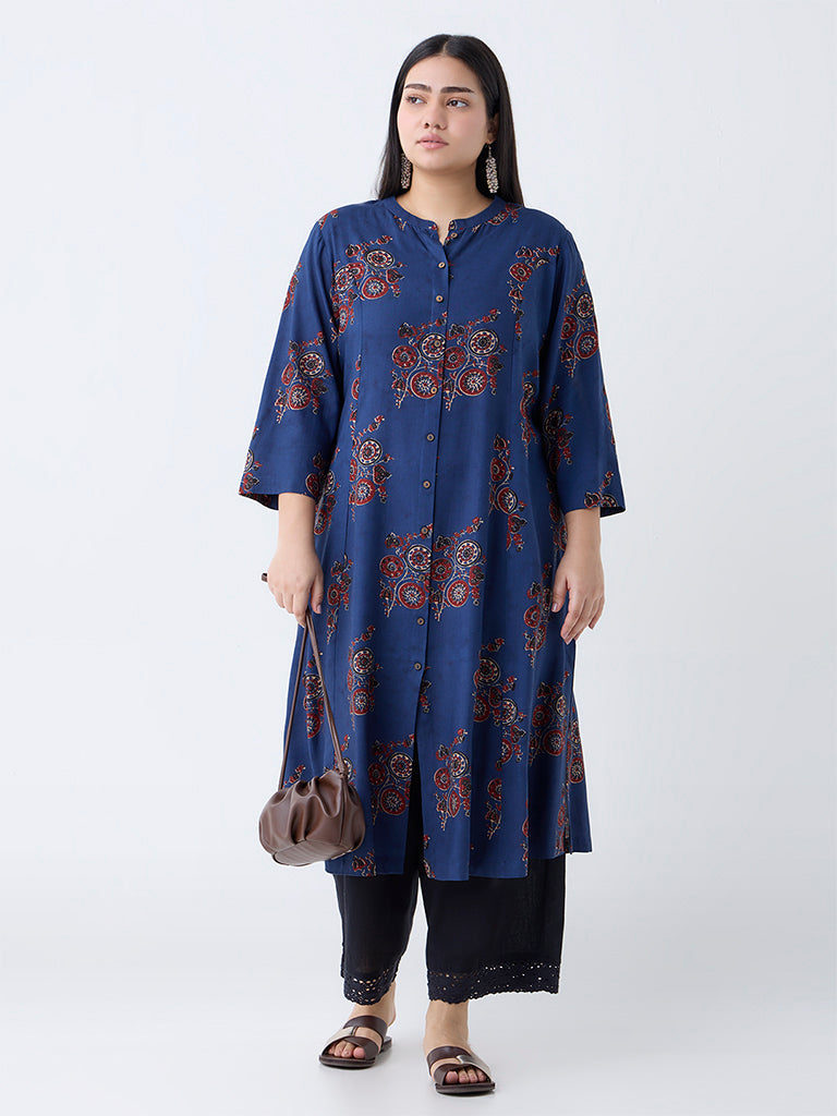 Diza Indigo Printed A-Line Kurta
