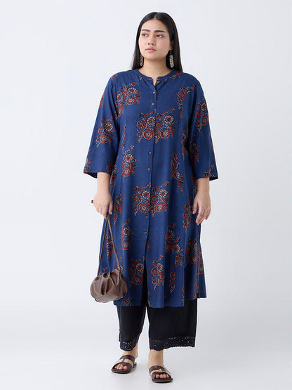 Diza Indigo Printed A-Line Kurta