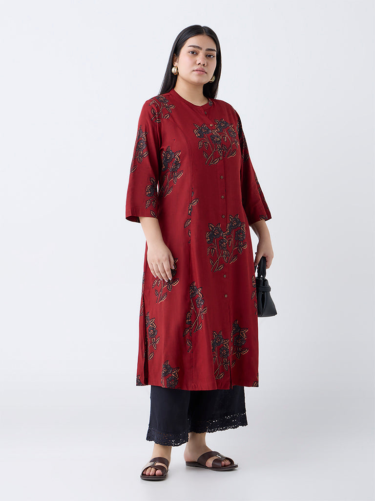 Diza Maroon Botanical Pattern A-Line Kurta