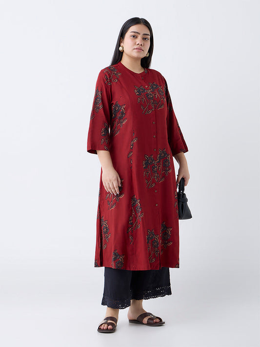Diza Maroon Botanical Pattern A-Line Kurta