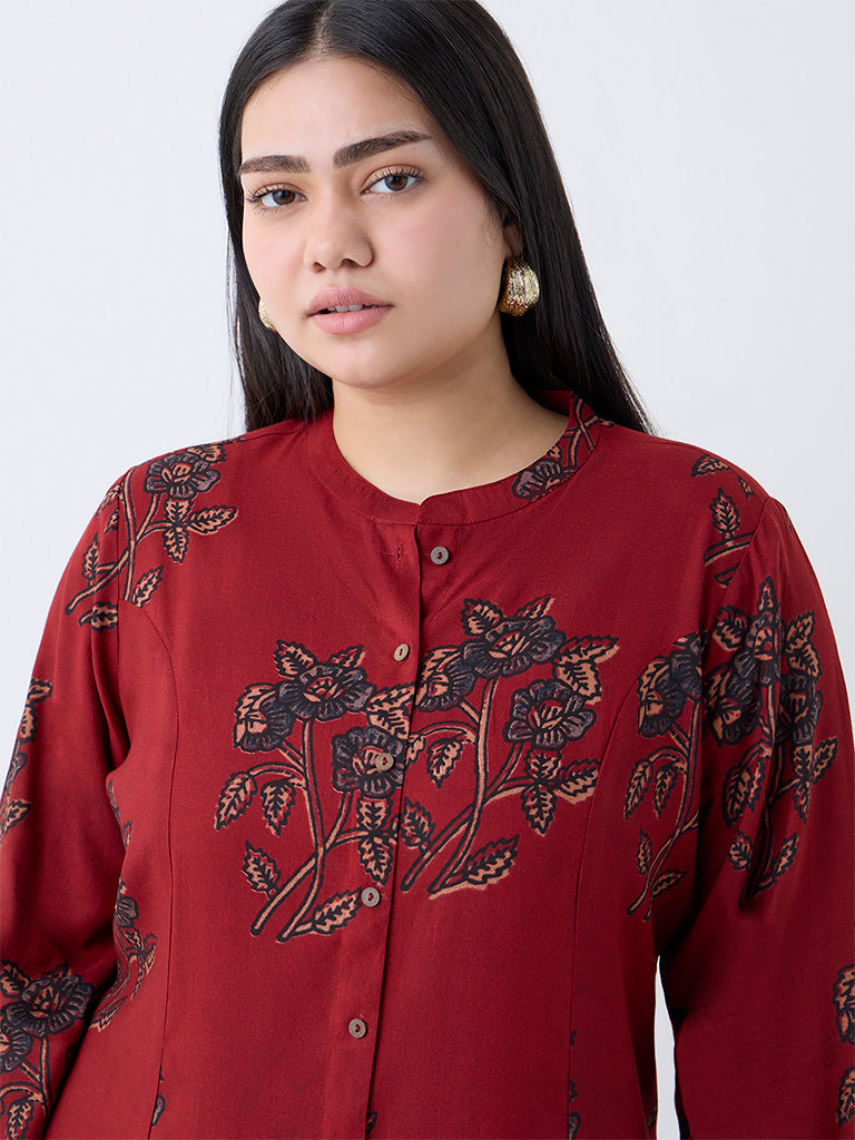 Diza Maroon Botanical Pattern A-Line Kurta