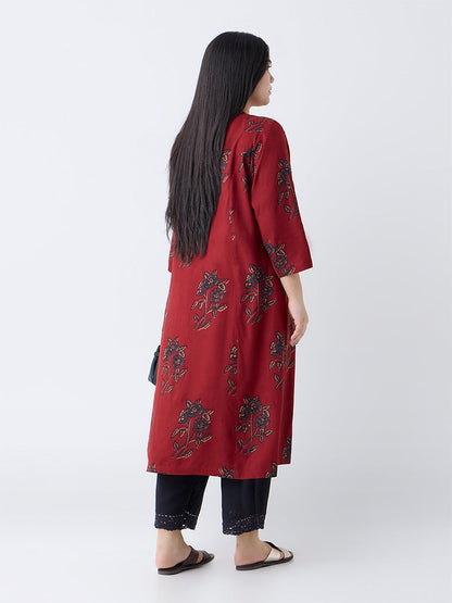 Diza Maroon Botanical Pattern A-Line Kurta