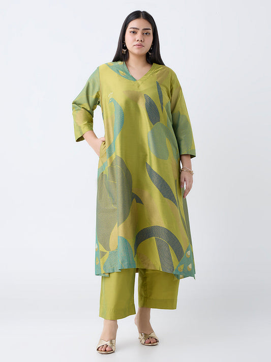 Diza Lime Botanical Design A-Line Kurta
