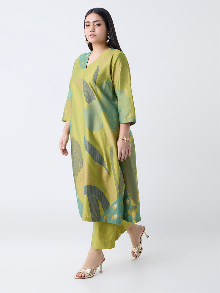Diza Lime Botanical Design A-Line Kurta