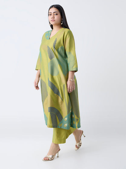 Diza Lime Botanical Design A-Line Kurta