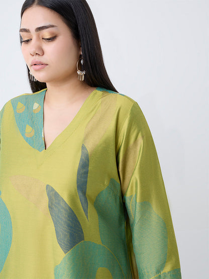 Diza Lime Botanical Design A-Line Kurta