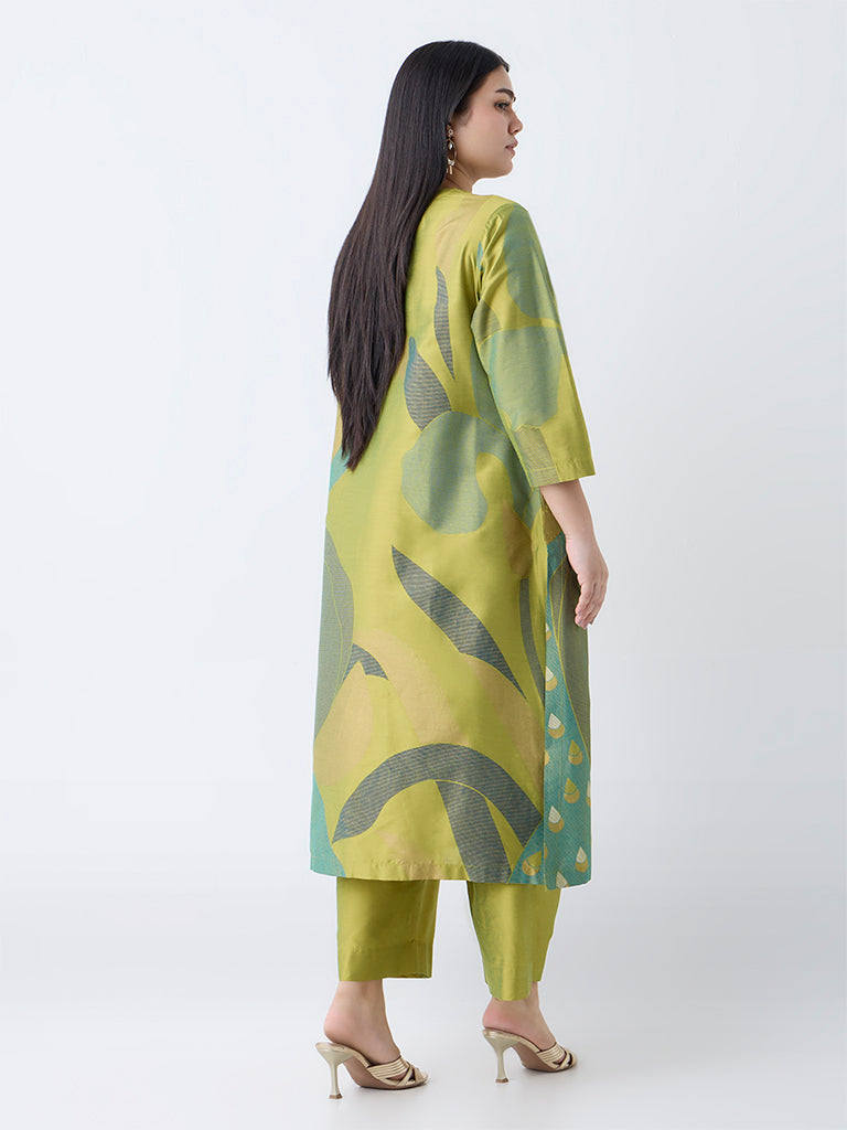 Diza Lime Botanical Design A-Line Kurta