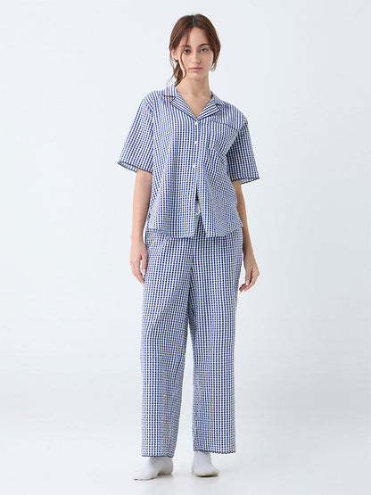 Wunderlove Navy Checkered Cotton Shirt and Pyjama Set