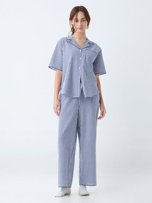 Wunderlove Navy Checkered Cotton Shirt and Pyjama Set