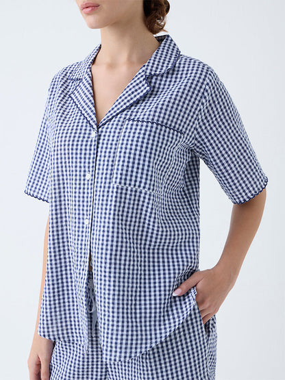 Wunderlove Navy Checkered Cotton Shirt and Pyjama Set