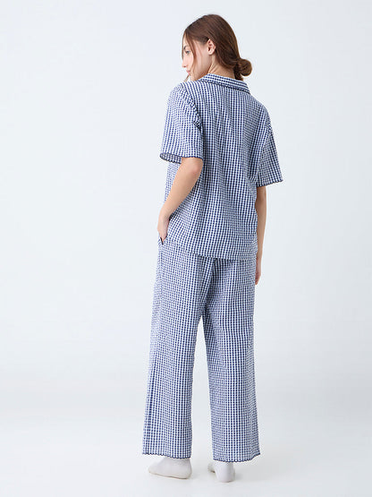 Wunderlove Navy Checkered Cotton Shirt and Pyjama Set