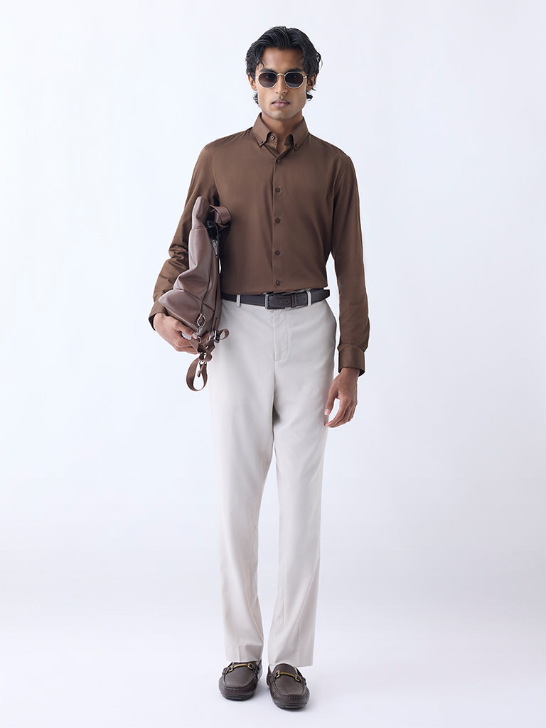 WES Formals Brown Slim-Fit Cotton-Blend Shirt