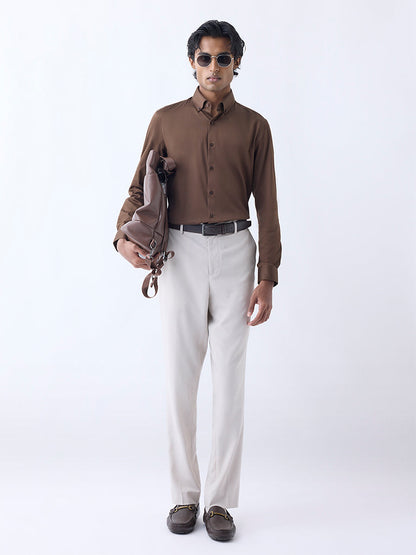 WES Formals Brown Slim-Fit Cotton-Blend Shirt