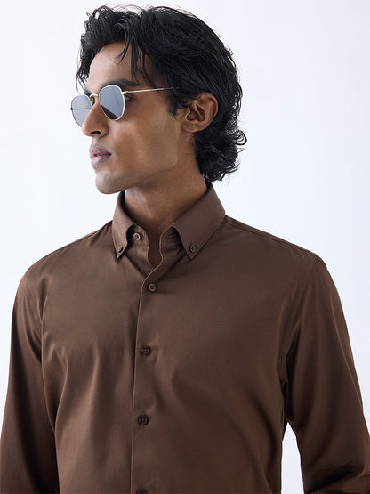 WES Formals Brown Slim-Fit Cotton-Blend Shirt