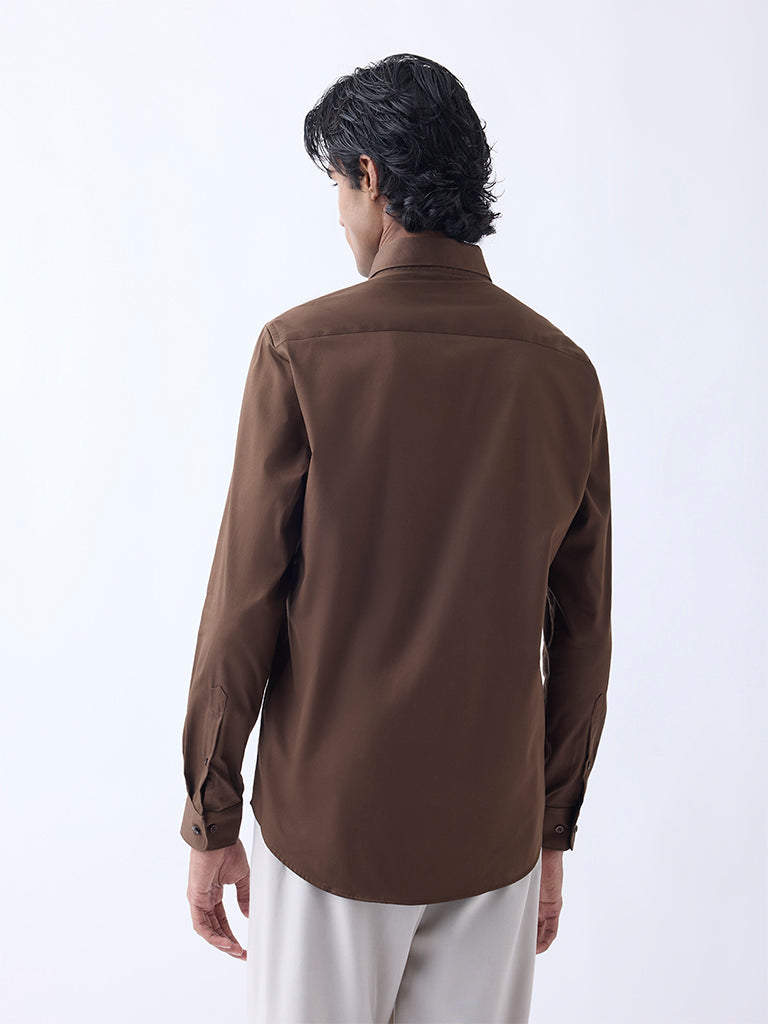 WES Formals Brown Slim-Fit Cotton-Blend Shirt