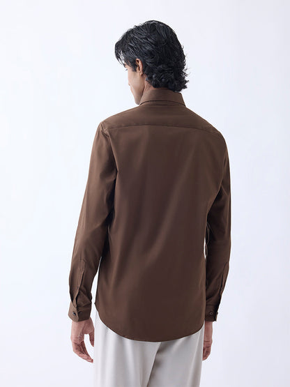 WES Formals Brown Slim-Fit Cotton-Blend Shirt