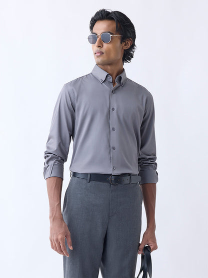 WES Formals Grey Slim-Fit Cotton-Blend Shirt