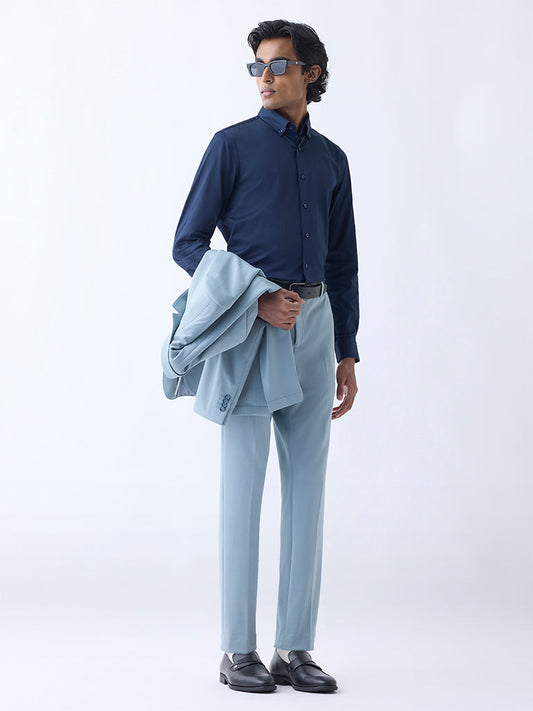 WES Formals Navy Slim-Fit Cotton-Blend Shirt
