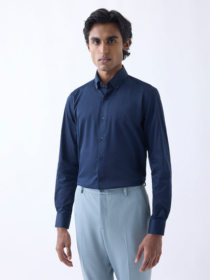 WES Formals Navy Slim-Fit Cotton-Blend Shirt