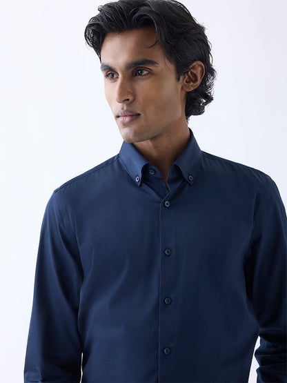 WES Formals Navy Slim-Fit Cotton-Blend Shirt