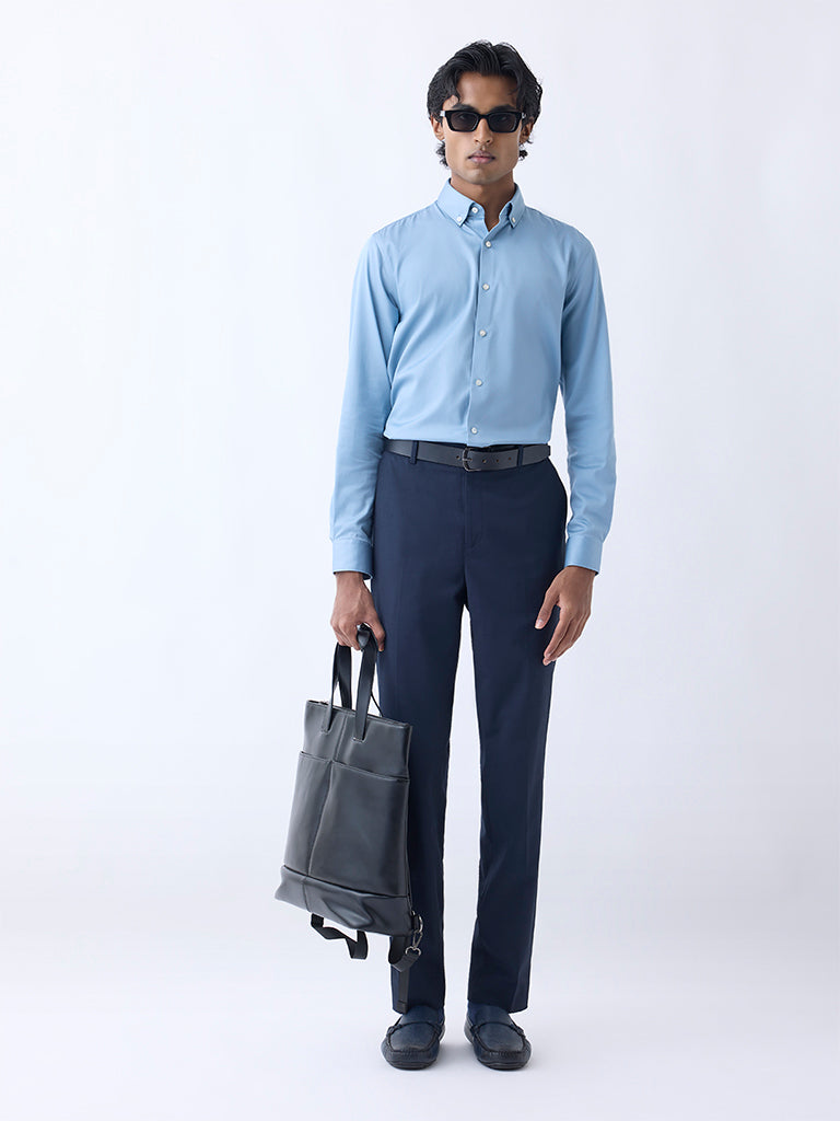 WES Formals Dusty Blue Slim-Fit Cotton-Blend Shirt