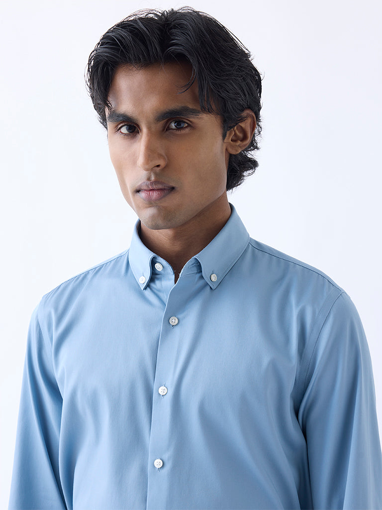 WES Formals Dusty Blue Slim-Fit Cotton-Blend Shirt