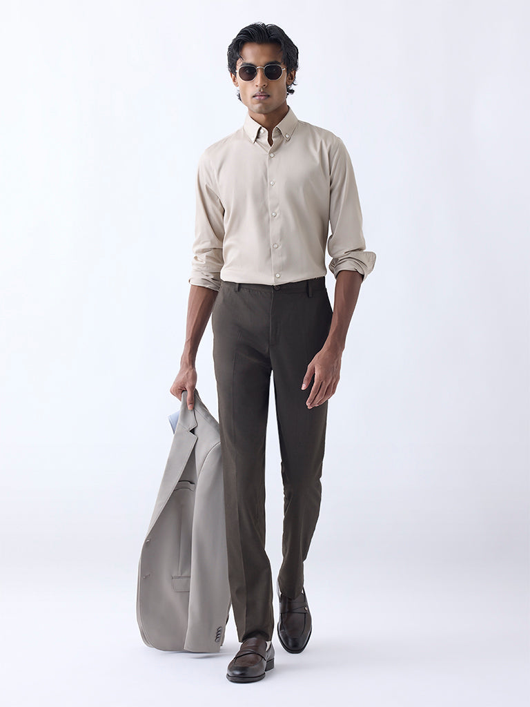 WES Formals Beige Slim-Fit Cotton-Blend Shirt