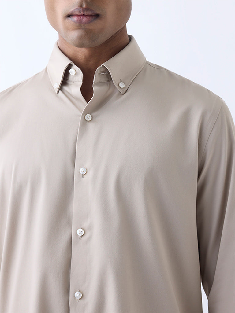WES Formals Beige Slim-Fit Cotton-Blend Shirt