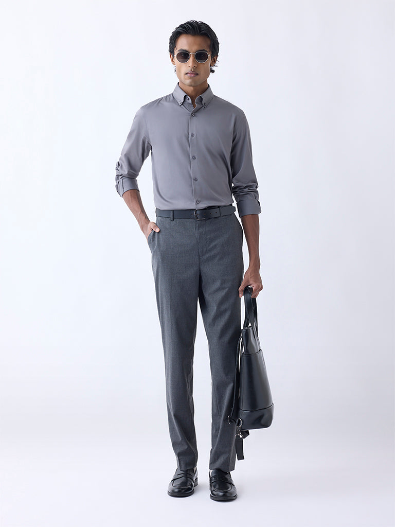 WES Formals Charcoal Slim-Fit Mid-Rise Trousers