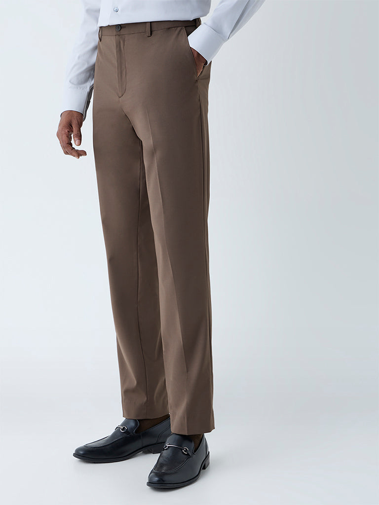 WES Formals Dark Brown Slim-Fit Mid-Rise Trousers