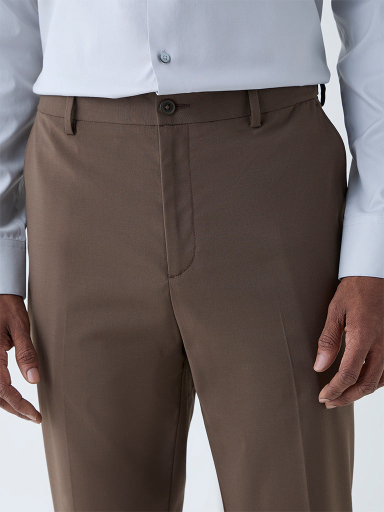 WES Formals Dark Brown Slim-Fit Mid-Rise Trousers