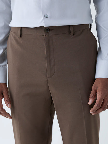WES Formals Dark Brown Slim-Fit Mid-Rise Trousers