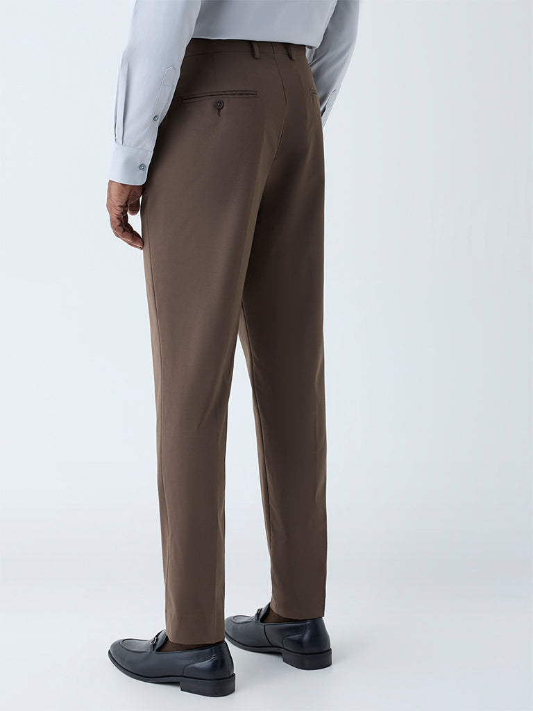 WES Formals Dark Brown Slim-Fit Mid-Rise Trousers