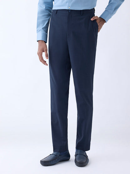 WES Formals Navy Slim-Fit Mid-Rise Trousers