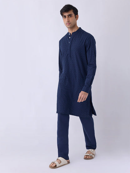 Mens Ethnicwear Navy Embroidered Relaxed-Fit Cotton Kurta