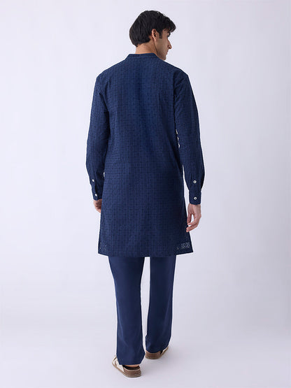 Mens Ethnicwear Navy Embroidered Relaxed-Fit Cotton Kurta