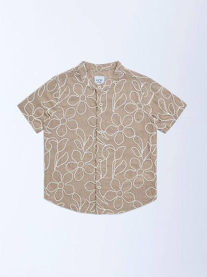 HOP Kids Brown Floral Embroidered Cotton Shirt
