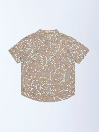 HOP Kids Brown Floral Embroidered Cotton Shirt
