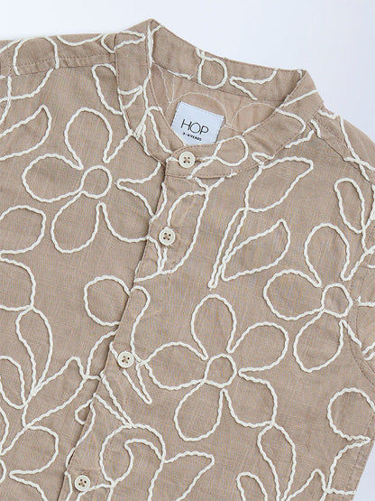 HOP Kids Brown Floral Embroidered Cotton Shirt