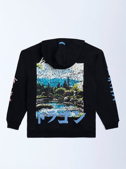 Y&F Kids Black Printed Cotton-Blend Hoodie