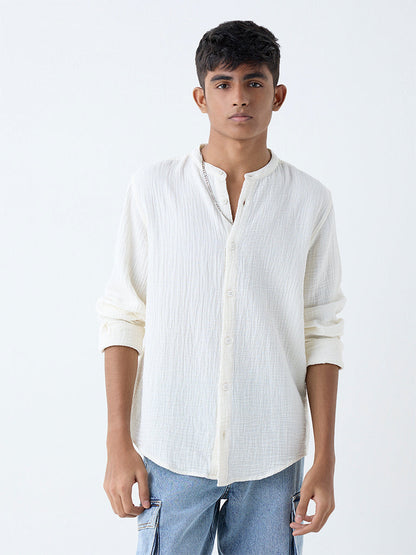 Y&F Kids Off-White Crinkle-Textured Resort-Fit Cotton Shirt