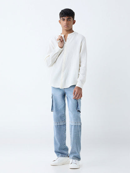 Y&F Kids Off-White Crinkle-Textured Resort-Fit Cotton Shirt