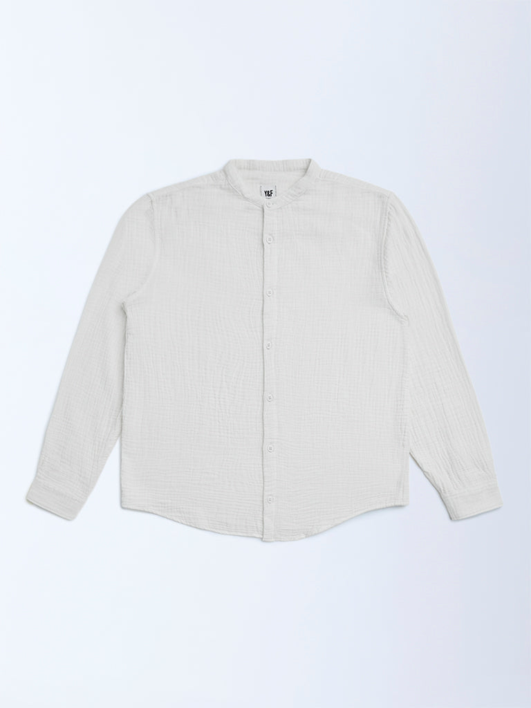 Y&F Kids Off-White Crinkle-Textured Resort-Fit Cotton Shirt